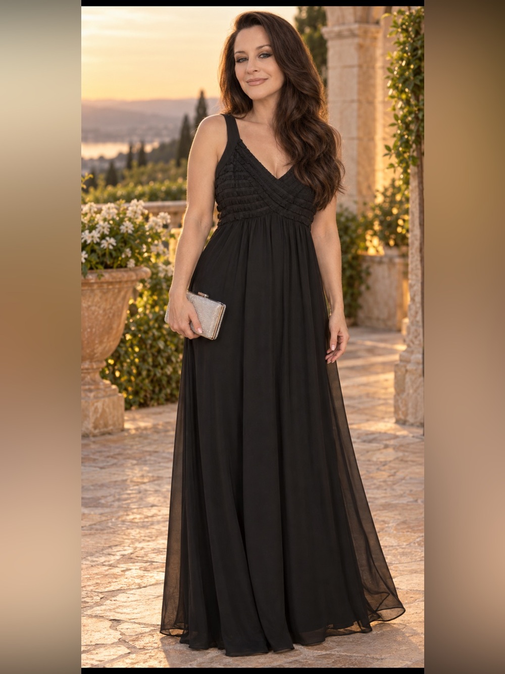 NWOT Signature by Robbie Bee Black Ruffle Empire Waist Maxi Gown 14